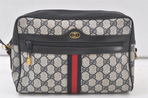 Authentic GUCCI Sherry Line Shoulder Cross Bag GG PVC Leather Navy Junk 6543K For Sale