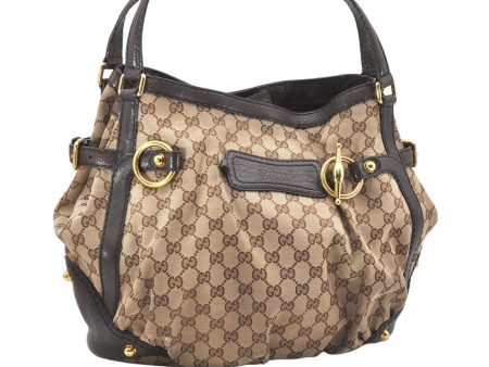 Authentic GUCCI Jockey Shoulder Tote Bag GG Canvas Leather 203546 Brown 5856K Hot on Sale