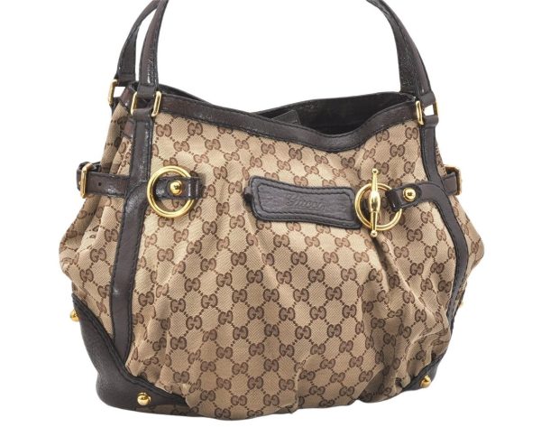 Authentic GUCCI Jockey Shoulder Tote Bag GG Canvas Leather 203546 Brown 5856K Hot on Sale