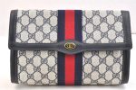 Authentic GUCCI Sherry Line Clutch Hand Bag GG PVC Leather Navy Blue Junk 6518K Online now