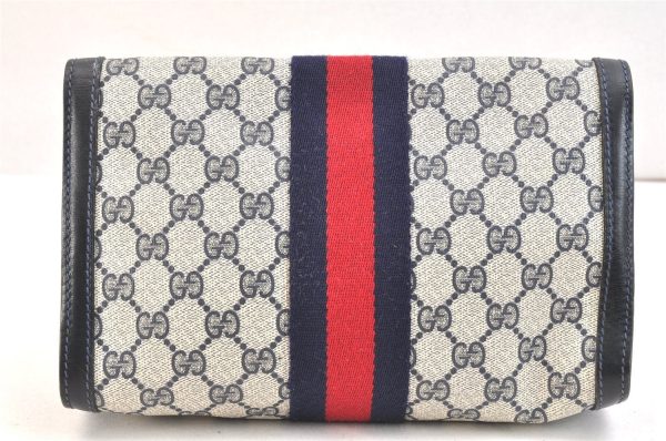 Authentic GUCCI Sherry Line Clutch Hand Bag GG PVC Leather Navy Blue Junk 6518K Online now