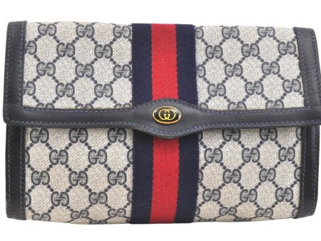 Authentic GUCCI Sherry Line Clutch Hand Bag GG PVC Leather Navy Blue Junk 6518K Online now