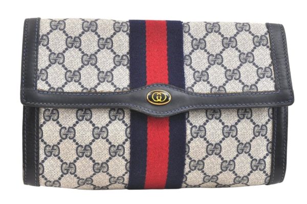 Authentic GUCCI Sherry Line Clutch Hand Bag GG PVC Leather Navy Blue Junk 6518K Online now