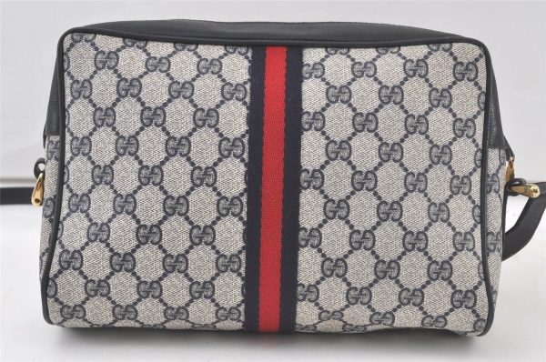 Authentic GUCCI Sherry Line Shoulder Cross Bag GG PVC Leather Navy Junk 6543K For Sale