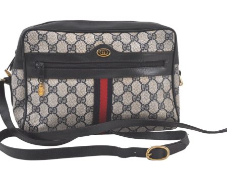 Authentic GUCCI Sherry Line Shoulder Cross Bag GG PVC Leather Navy Junk 6543K For Sale