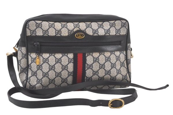 Authentic GUCCI Sherry Line Shoulder Cross Bag GG PVC Leather Navy Junk 6543K For Sale