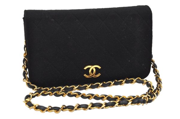 Authentic CHANEL Cotton Leather Matelasse Chain Shoulder Bag Black CC Junk 6534K For Discount