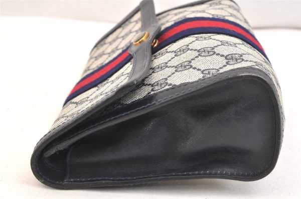 Authentic GUCCI Sherry Line Clutch Hand Bag GG PVC Leather Navy Blue Junk 6518K Online now