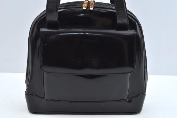 Authentic GUCCI Bamboo Shoulder Bag Enamel Leather Black  L0626 Online Hot Sale