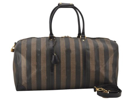 Authentic FENDI Pequin Pattern PVC Leather Travel Boston Bag Brown Junk 4399K For Sale