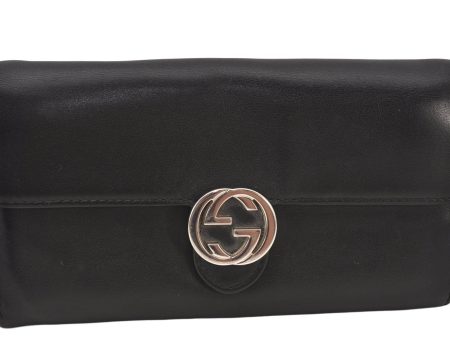 Authentic GUCCI Interlocking G Long Wallet Purse Leather 369663 Black 7058K Fashion