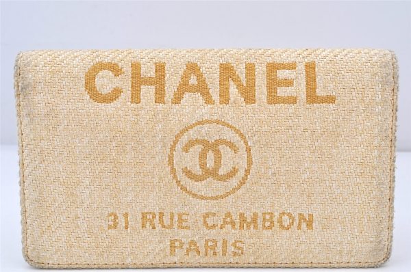 Authentic CHANEL Deauville Line CC Logo Long Wallet Straw Leather Beige 6470K Online Sale