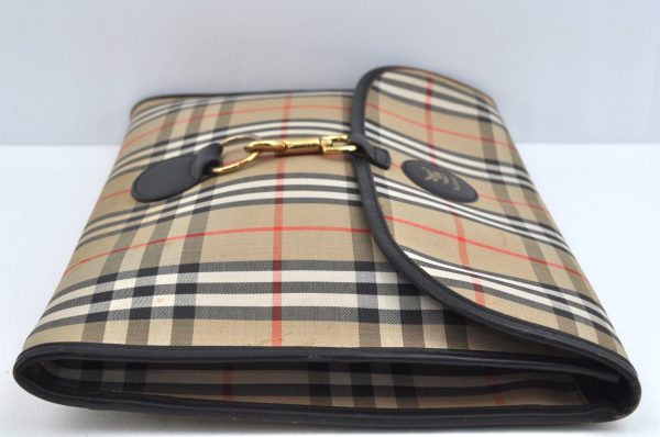 Authentic Burberrys Vintage Check Canvas Clutch Hand Bag Beige L0618 on Sale