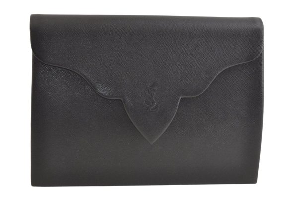 Authentic YVES SAINT LAURENT Vintage Clutch Hand Bag Purse Leather Black 3193K For Cheap