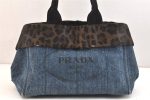 Authentic PRADA Canapa M Denim Unborn Calf Leather Tote Hand Bag Blue 7574K For Sale