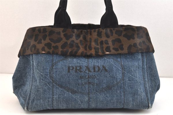 Authentic PRADA Canapa M Denim Unborn Calf Leather Tote Hand Bag Blue 7574K For Sale