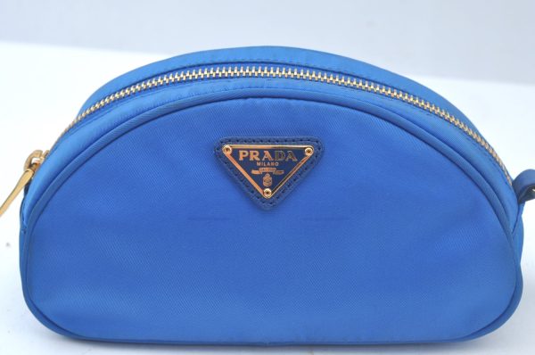 Authentic PRADA Vintage Nylon Leather Pouch Purse Blue L0099 Sale