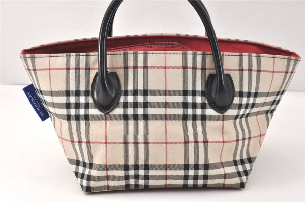 Authentic BURBERRY BLUE LABEL Check Hand Tote Bag Nylon Leather Beige 3795K Online Hot Sale