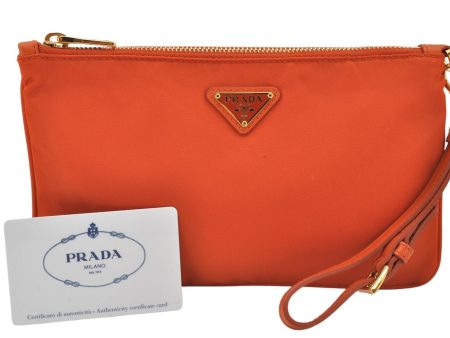 Authentic PRADA Tessuto Nylon Saffiano Leather Pouch Purse 1N1868 Orange 5284K Online Hot Sale