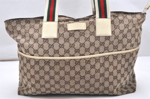 Auth GUCCI Web Sherry Line Tote Bag GG Canvas Leather 155524 Brown Junk 5108K For Discount