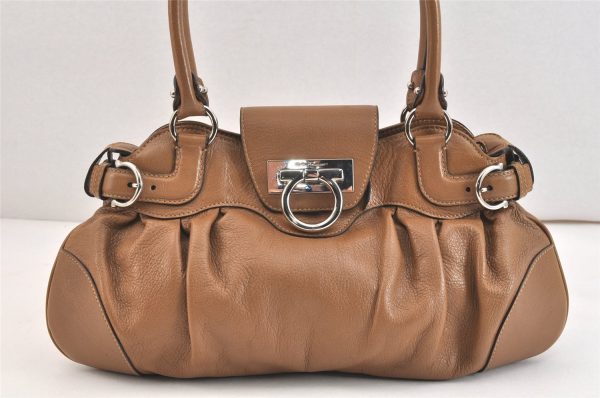 Authentic Salvatore Ferragamo Gancini Leather Shoulder Hand Bag Brown 7570K Hot on Sale