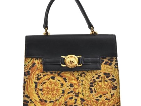 Auth Gianni Versace Sunburst Flower Leopard Nylon Leather Hand Bag Yellow 2713K Online Hot Sale