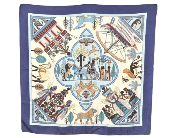 Authentic HERMES Carre 90 Scarf  PERSEPOLIS  Silk Navy 3200K For Sale