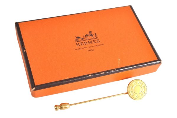 Authe HERMES Sellier Bijouterie Fantaisie Pin Brooch Accessory Gold Box 3165K Online