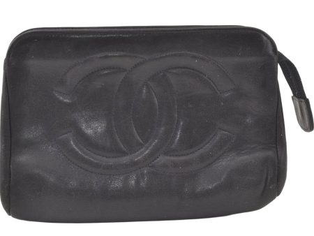 Authentic CHANEL Vintage Calf Skin Pouch Purse Black CC Logo Junk 7436K Online now