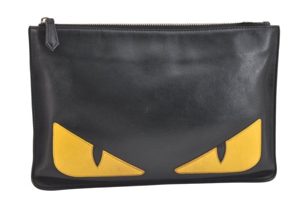 Authentic FENDI Monster Eye Bag Bugs Clutch Hand Bag Purse Leather Black 7531K Sale