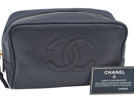 Authentic CHANEL Caviar Skin CC Logo Cosmetic Pouch Purse Black L0257 Online Sale