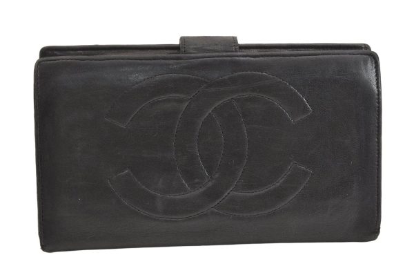 Authentic CHANEL Vintage Calf Skin Long Wallet Purse Black CC Logo 7483K Fashion