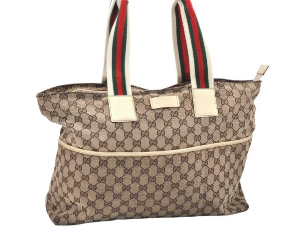 Auth GUCCI Web Sherry Line Tote Bag GG Canvas Leather 155524 Brown Junk 5108K For Discount