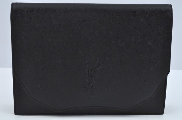 Authentic YVES SAINT LAURENT Clutch Hand Bag Purse Leather Black L0256 For Sale