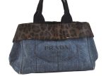 Authentic PRADA Canapa M Denim Unborn Calf Leather Tote Hand Bag Blue 7574K For Sale