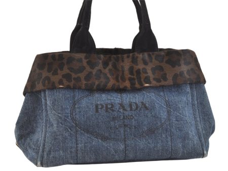 Authentic PRADA Canapa M Denim Unborn Calf Leather Tote Hand Bag Blue 7574K For Sale