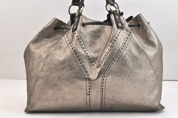 Authentic YVES SAINT LAURENT Sac Double Tote Bag Leather 168483 Silver 7071K Hot on Sale