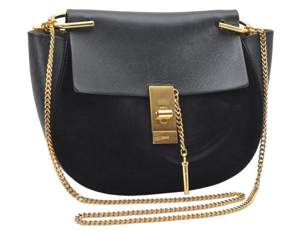 Authentic Chloe Drew Suede Leather Chain Shoulder Cross Body Bag Black 2644K Sale