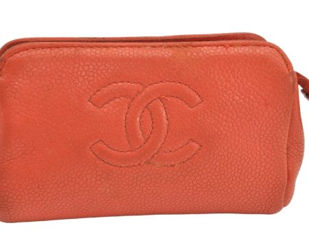 Authentic CHANEL Caviar Skin CC Logo Cosmetic Pouch Purse Orange Junk 1661K For Sale