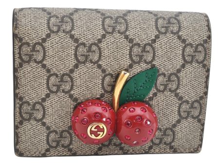 Auth GUCCI Rhinestone Cherry Bifold Wallet GG PVC Leather 476050 Brown 1593K For Discount