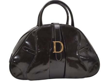 Authentic Christian Dior Double Saddle Trotter Boston Bag Enamel Brown 4438K For Cheap