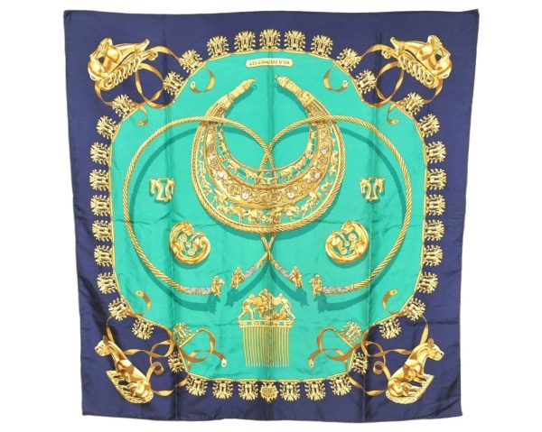 Authentic HERMES Carre 90 Scarf  LES CAVALIERS D OR  Silk Navy Blue 3180K Hot on Sale