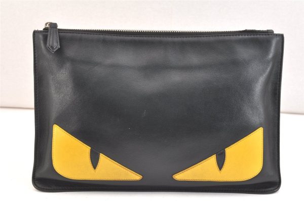 Authentic FENDI Monster Eye Bag Bugs Clutch Hand Bag Purse Leather Black 7531K Sale