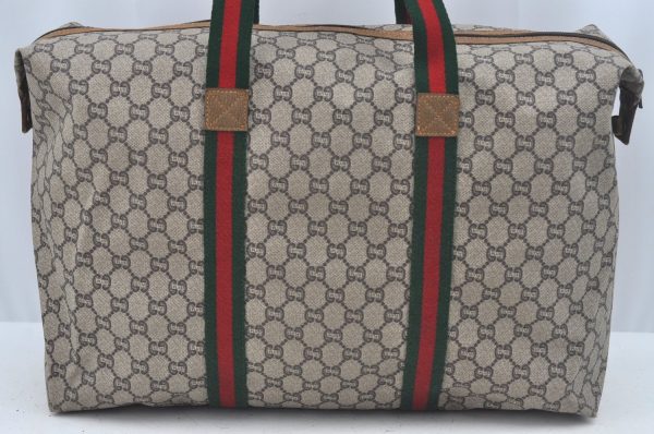 Authentic GUCCI Web Sherry Line Travel Boston Bag GG Plus PVC Brown L0625 Online Hot Sale