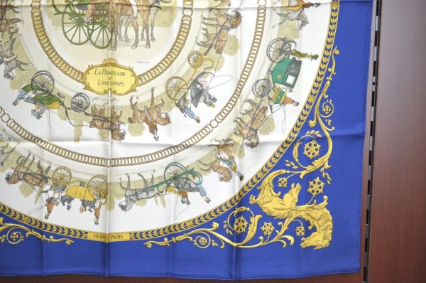 Authentic HERMES Carre 90 Scarf  LA PROMENADE DE LONGCHAMPS  Silk Blue K8378 Discount