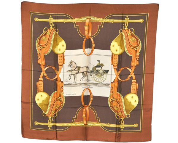 Authentic HERMES Carre 90 Scarf  Carrick a Pompe  Silk Brown 4937K Sale