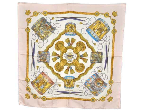 Authentic HERMES Carre 90 Scarf  LES TAMBOURS   Silk Pink 2472K For Sale