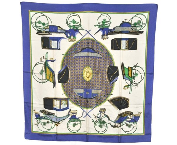 Authentic HERMES Carre 90 Scarf  LES VOITURES A TRANSFORMATION  Silk Blue 3544K For Cheap