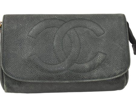 Authentic CHANEL Caviar Skin CC Logo Cosmetic Pouch Purse Green 3857K Online Hot Sale