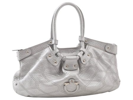 Authentic Salvatore Ferragamo Gancini Leather Shoulder Tote Bag Silver SF 7569K For Sale